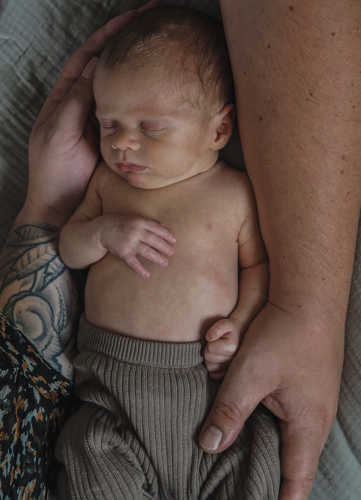Familienfotografie Herten - Neugeborenes zwischen den Armen von Mama und Papa