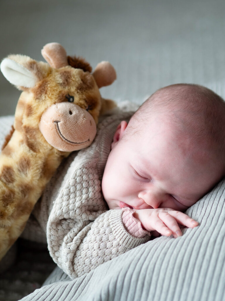 Baby kuschelt mit einer Giraffe